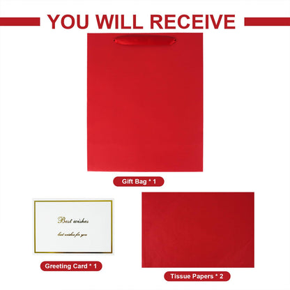 Elegant Red Gift Bag 10.2"x4.7"x12.2" with Ribbon Handles, Includes Card and Tissue Papers, Perfect for Birthdays, Weddings, Parties, Holidays, Baby Shower