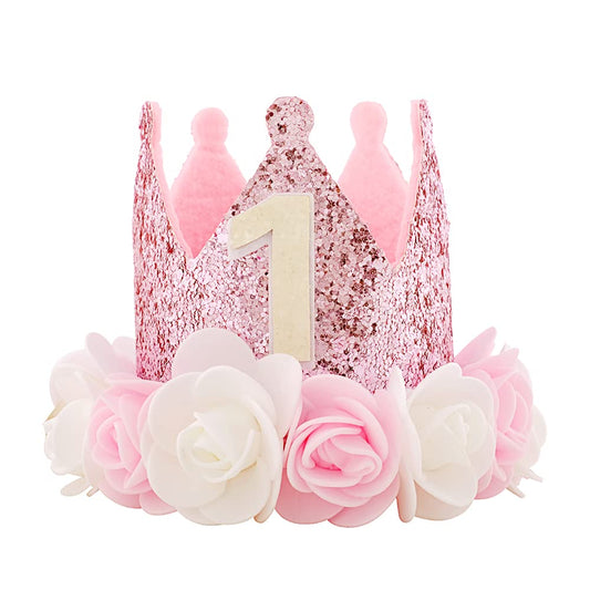 Kbrand Hat First Birthday 1st For Baby Girl Decoration Gifts Rose Gold Baby Pink Party Crown One Year Old Flowers Princess Pink 3inch