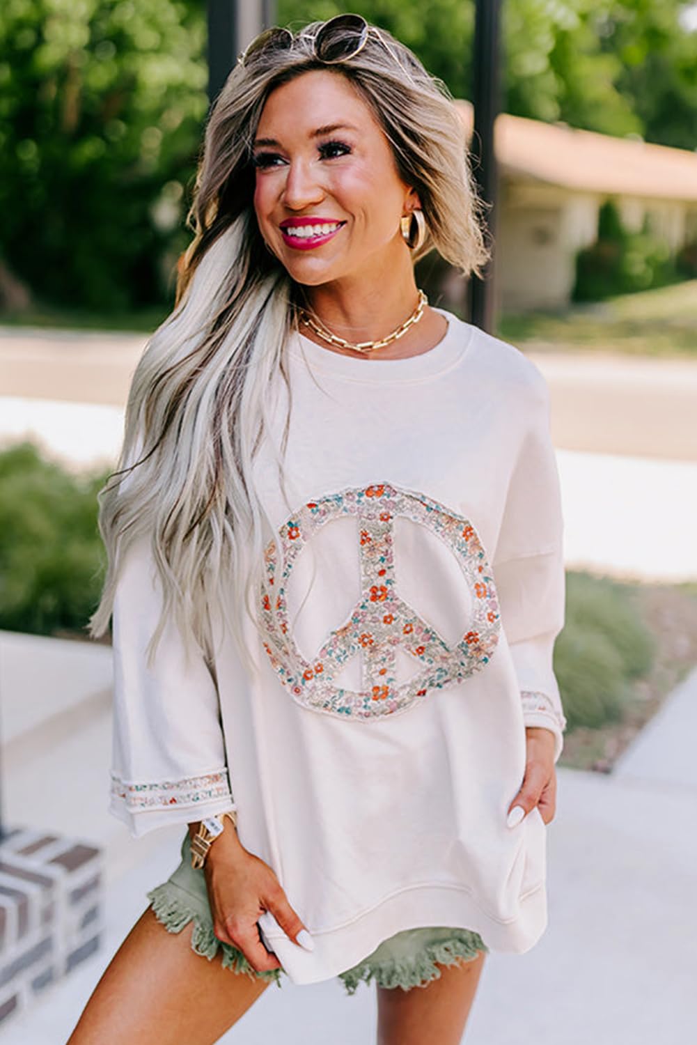 KevaMolly Womens Long Sleeve Tops Floral Peace Symbol Drop Shoulder Sweatshirt Round Neck Casual Pullover