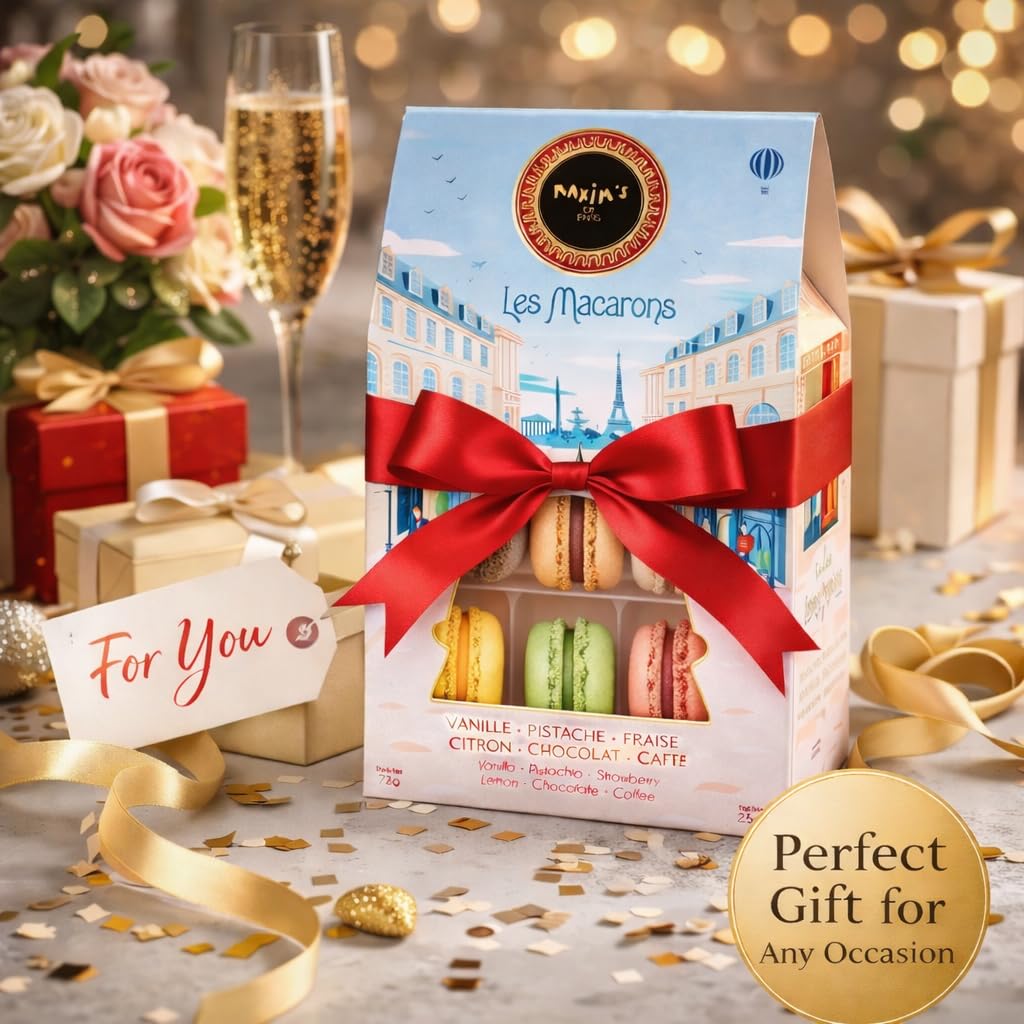 Maxim’s de Paris French Macaron Gift Box – Gourmet Macaron Cookies Assortment, 6 Classic Flavors (Vanilla, Pistachio, Lemon, Chocolate, Coffee, Strawberry), Luxury French Dessert Gift from Paris
