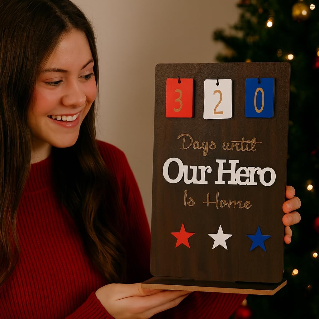 ACECARE Military Deployment Countdown Calendar – “Days Until Our Hero is Home” Wooden Sign with Flip Numbers | Patriotic Red White Blue Stars | Wooden Military Calendar, Homecoming Gift (Dark Brown)