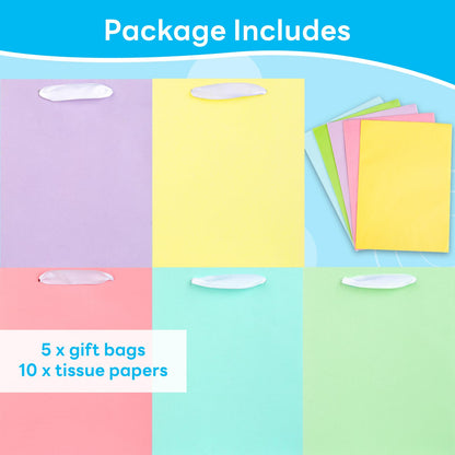 MOXARYSU 5 Pcs Small Medium Gift Bags With Handles: 7x4x9 Pastel Kraft Paper Bags With 10 Tissues For Party, Birthday,Baby Shower,Wedding（Soft Color）