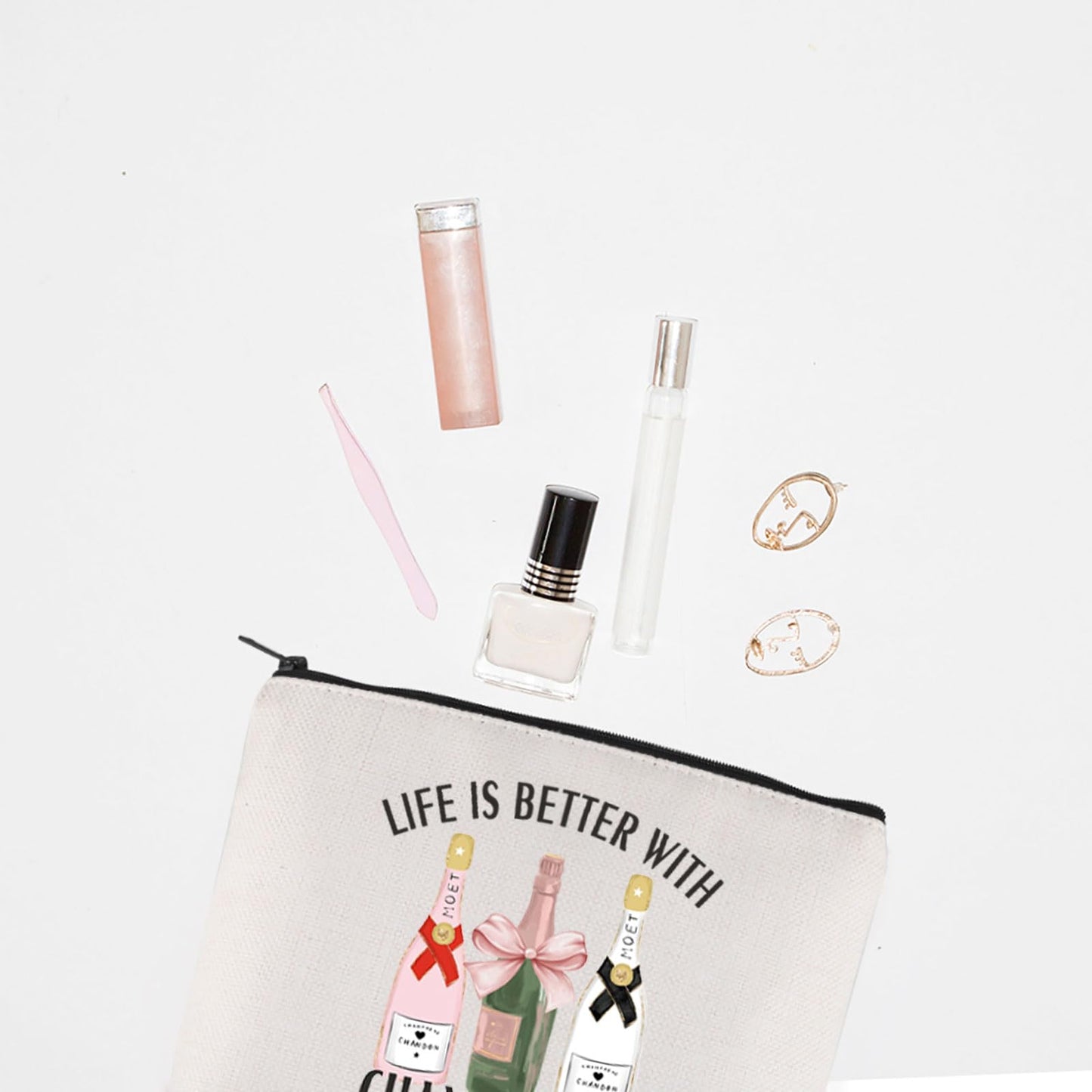 TGBJE Champagne Lover Gifts Life is Better With Champagne Makeup Bag Girls Wine Trip Gift Bachelorette Party Zipper Pouch (Life Champagne bag)