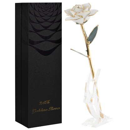 SW 24k Gold Dipped Real Rose Lasted Forever with Stand, White Gold Rose Gifts for Women Wife for Her, Christmas, Valentines Day, Mothers Day, Birthday