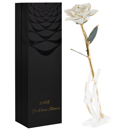 SW 24k Gold Dipped Real Rose Lasted Forever with Stand, White Gold Rose Gifts for Women Wife for Her, Christmas, Valentines Day, Mothers Day, Birthday