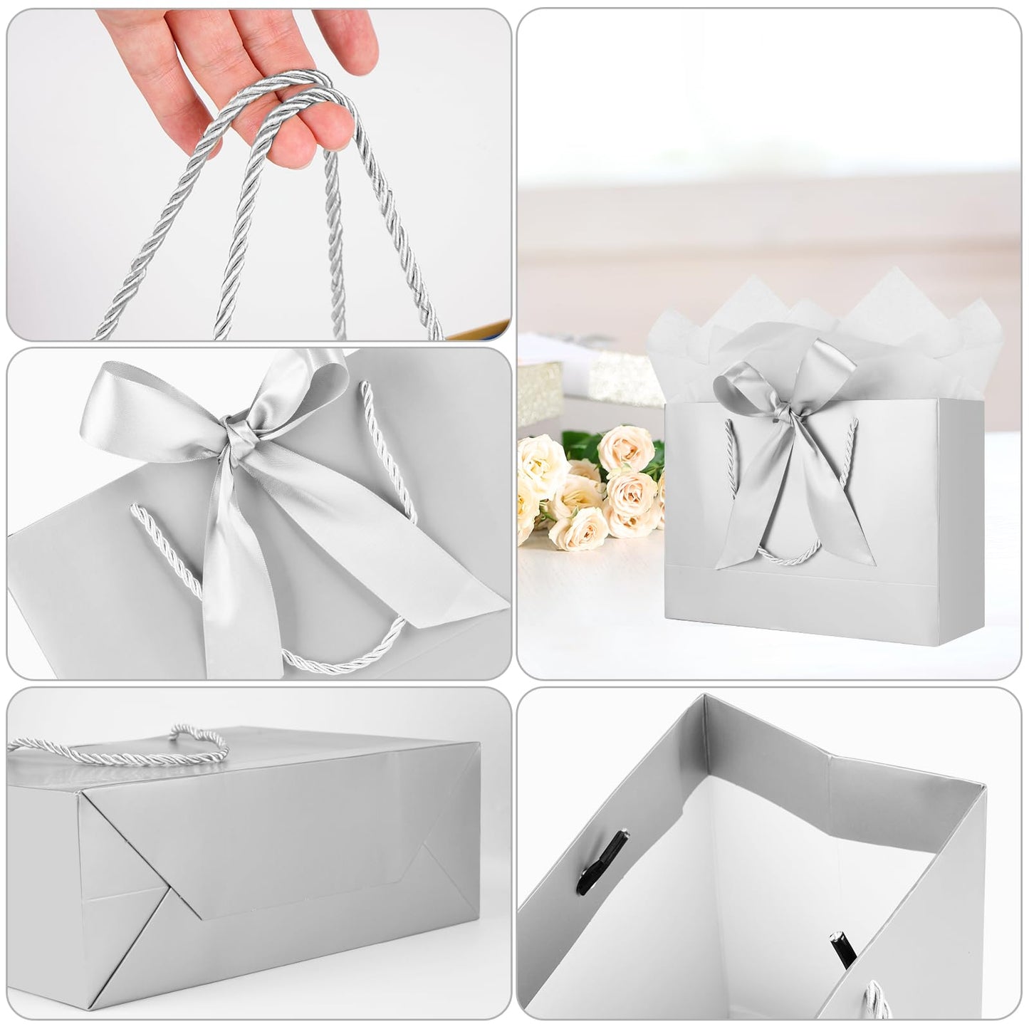 Gfractolux Medium Gift Bags With Tissue Paper, Cards, and Handles - 2 Pcs for Birthdays, Baby Shower, Wedding, Party Favor, Holiday Presents - 11"X7.9"X3.9" (Silver)