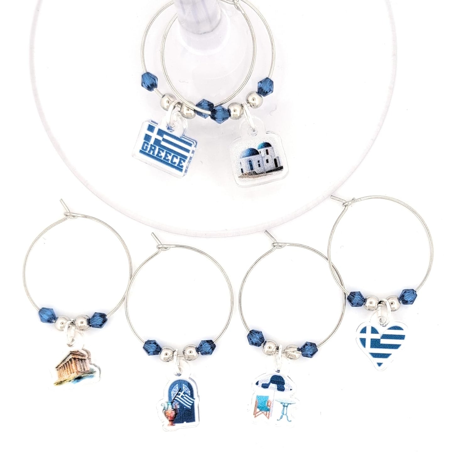 Pixie Greece Wine Glass Charms, Greek Gift 6 Piece Set – Santorini & Parthenon Glass Tag Identifiers, Greek Flag, Greece Theme Party Favors - Acrylic
