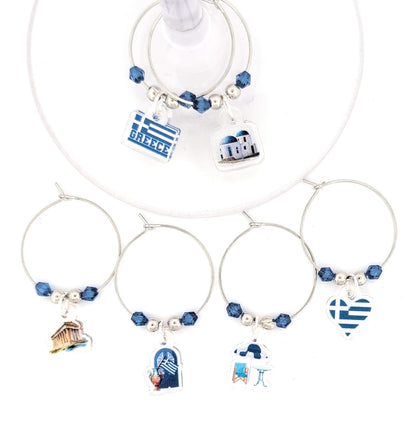 Pixie Greece Wine Glass Charms, Greek Gift 6 Piece Set – Santorini & Parthenon Glass Tag Identifiers, Greek Flag, Greece Theme Party Favors - Acrylic