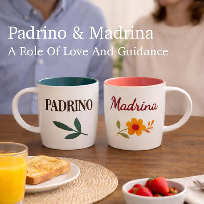 Triple Gifffted Padrino and Madrina Coffee Mugs Set, Godparents Gifts for Baptism or Christening, Proposal Gift Asking Godfather Godmother, Religious Keepsake, Christmas Day, 13oz Ceramic