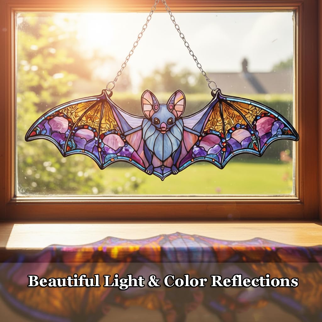 Bat Car Hanging Ornament, Stained Glass Style Bat Suncatcher, Gothic Rear View Mirror Decor, Halloween Bat Window Hanging, Witchy Gifts for Goth Women(Bat 4)