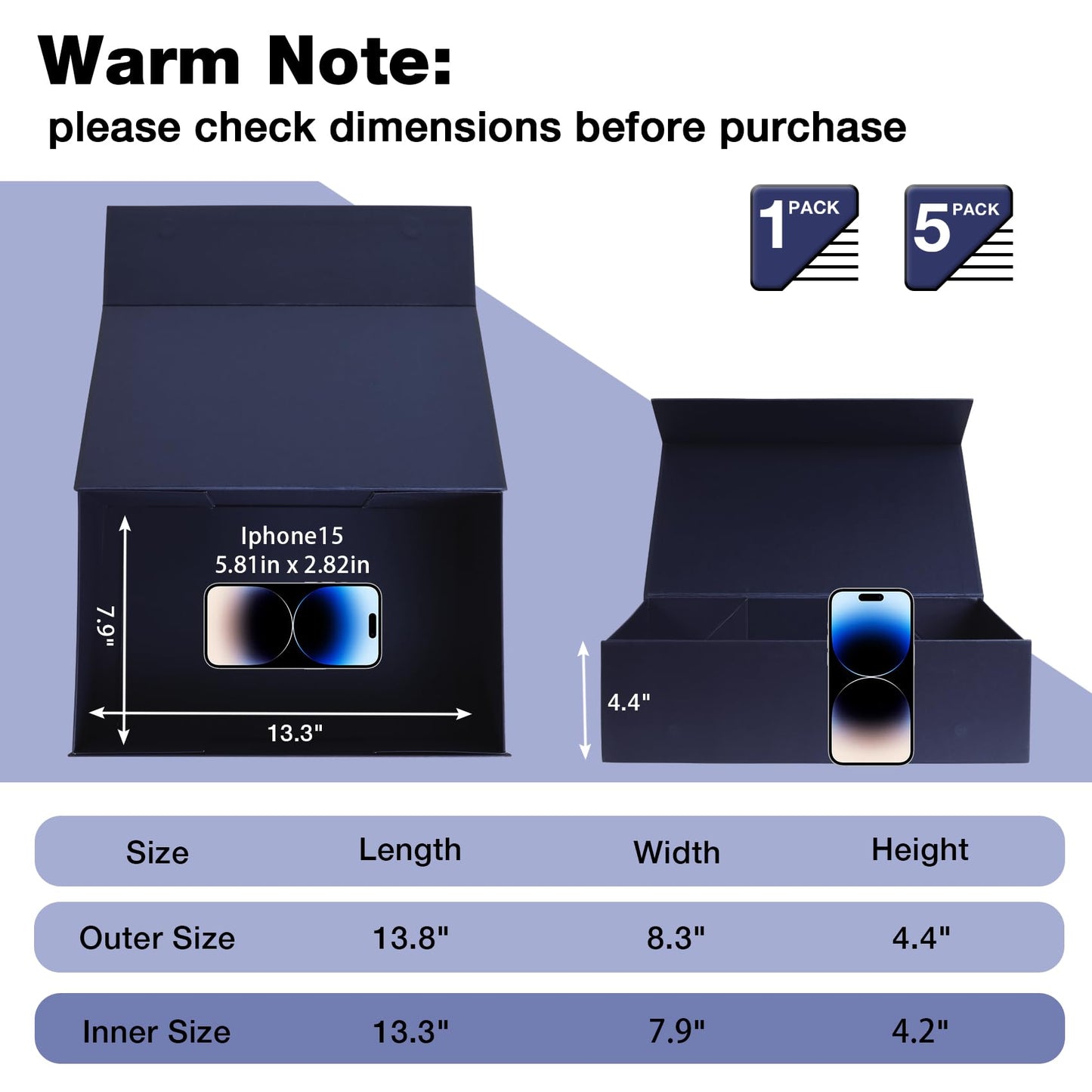 LFBOX Navy Blue Gift Box with Magnetic Lids 13.8x8.3x4.4 in, Bridesmaid Groomsman Proposal Box, Large Rectangle Storage Box 1 Pack