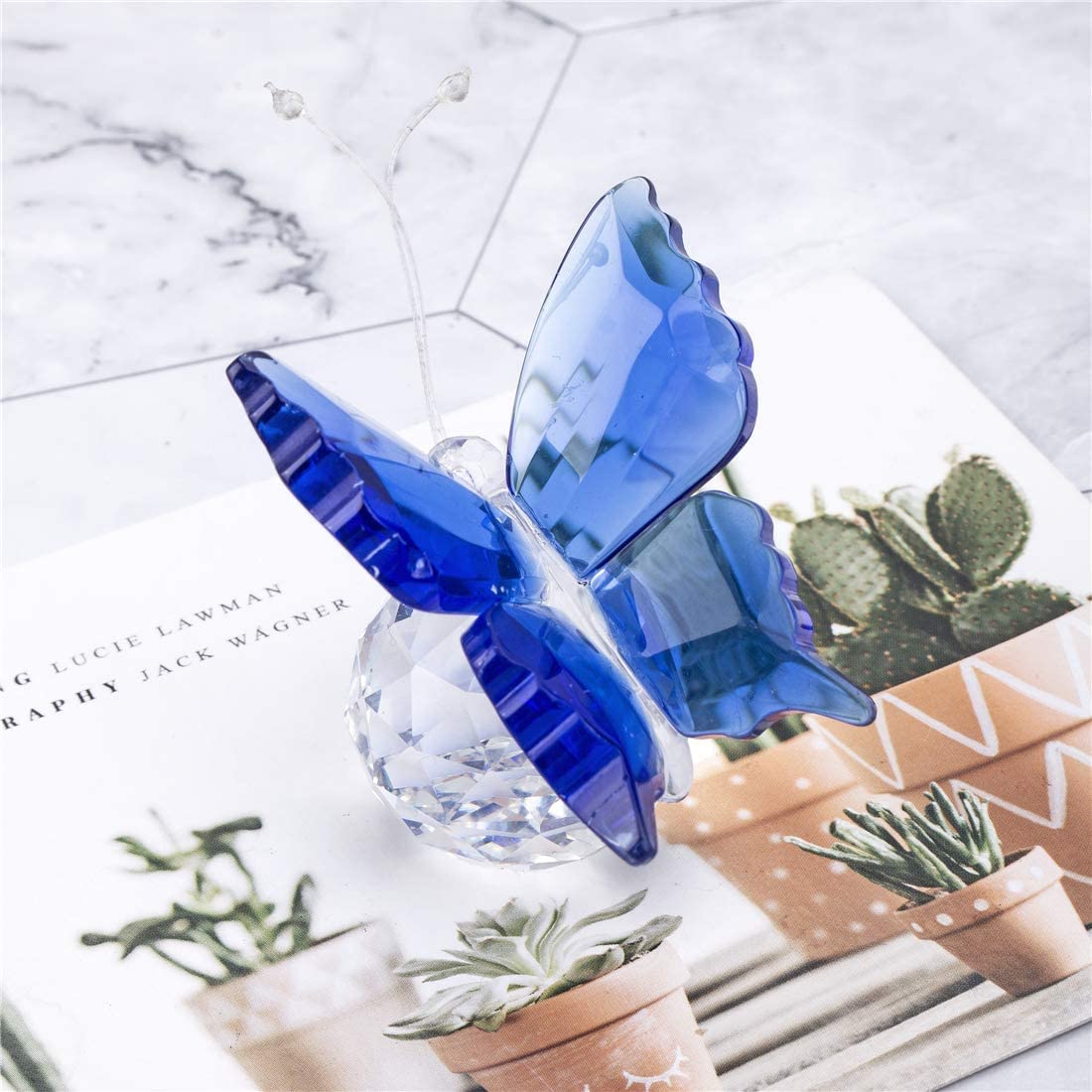 H&D Crystal Flying Butterfly with Crystal Ball Base Figurine Collection Cut Glass Ornament Statue Animal Collectible (Blue)