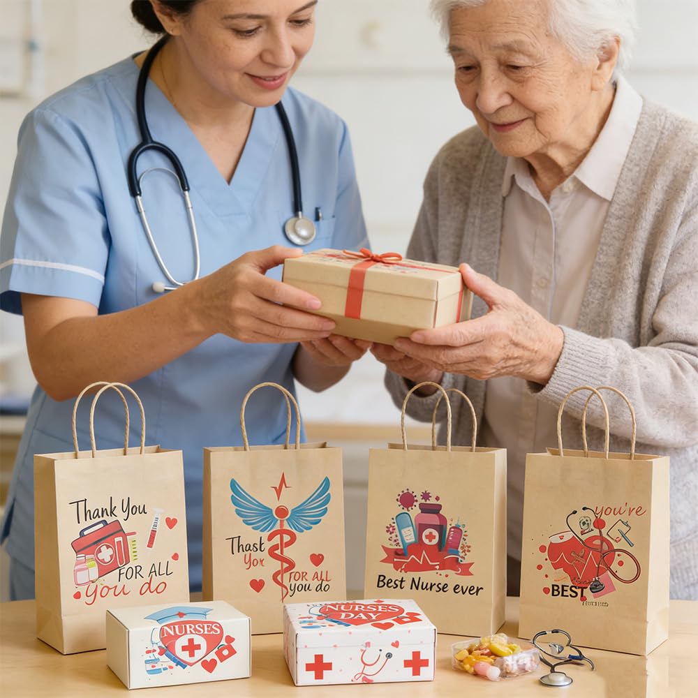 12 PCS Nurse Gift Bags for Medical Assistant Gifts Paper Nurse Goodie Bags with Handle for Student Thank You Doctor Healthcare Workers Graduation Party Favors Supplies Decorations Appreciation Wrap