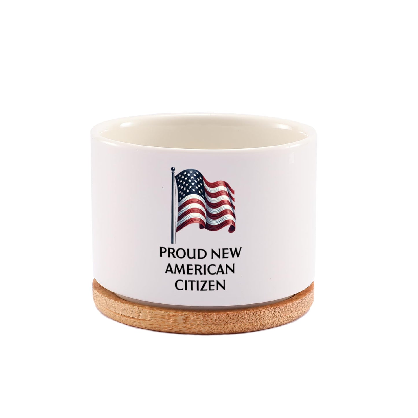 Proud New American Citizen US Citizenship Gifts Celebrations American Flag Ceramic Succulent Plant Pot with Bamboo Tray Round Plant Lover Gifts Home Office Decor 3.5 Inch White (No Plants)