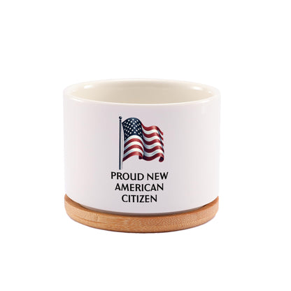 Proud New American Citizen US Citizenship Gifts Celebrations American Flag Ceramic Succulent Plant Pot with Bamboo Tray Round Plant Lover Gifts Home Office Decor 3.5 Inch White (No Plants)