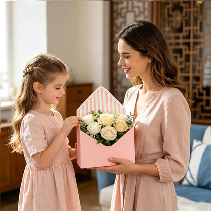 AnMTGDCT 4 PCS Mother's Day Flower Envelope Boxes, Florist Floral Envelope Gift Box Empty Flower Stripe Paper Bouquet Box or Mother's Day Wedding Birthday Valentine Party Arrangements, Pink Red