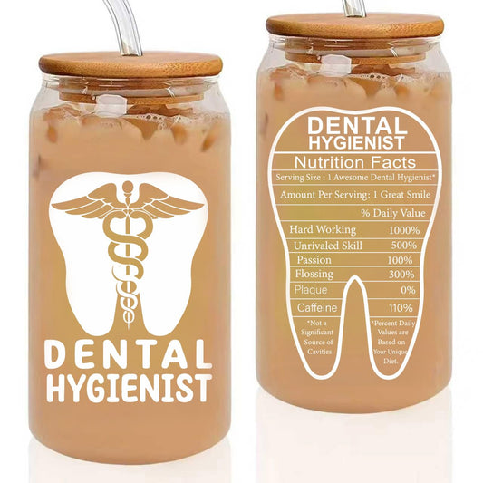 Dental Hygienist Gifts for Women, 16oz Dental Hygienist Glass Cup With Straw, Appreciation Week Graduation Gift Dental Hygienist Must Haves Travel Coffee Tumbler Mug Cup