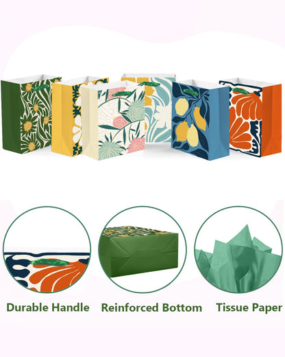 qiqee 7.9"x4.3"x9.6" 6PCS Clash Flowers Paper Gift Bags with Tissue Paper Handles Medium Size Bags（ Tissue Paper ）