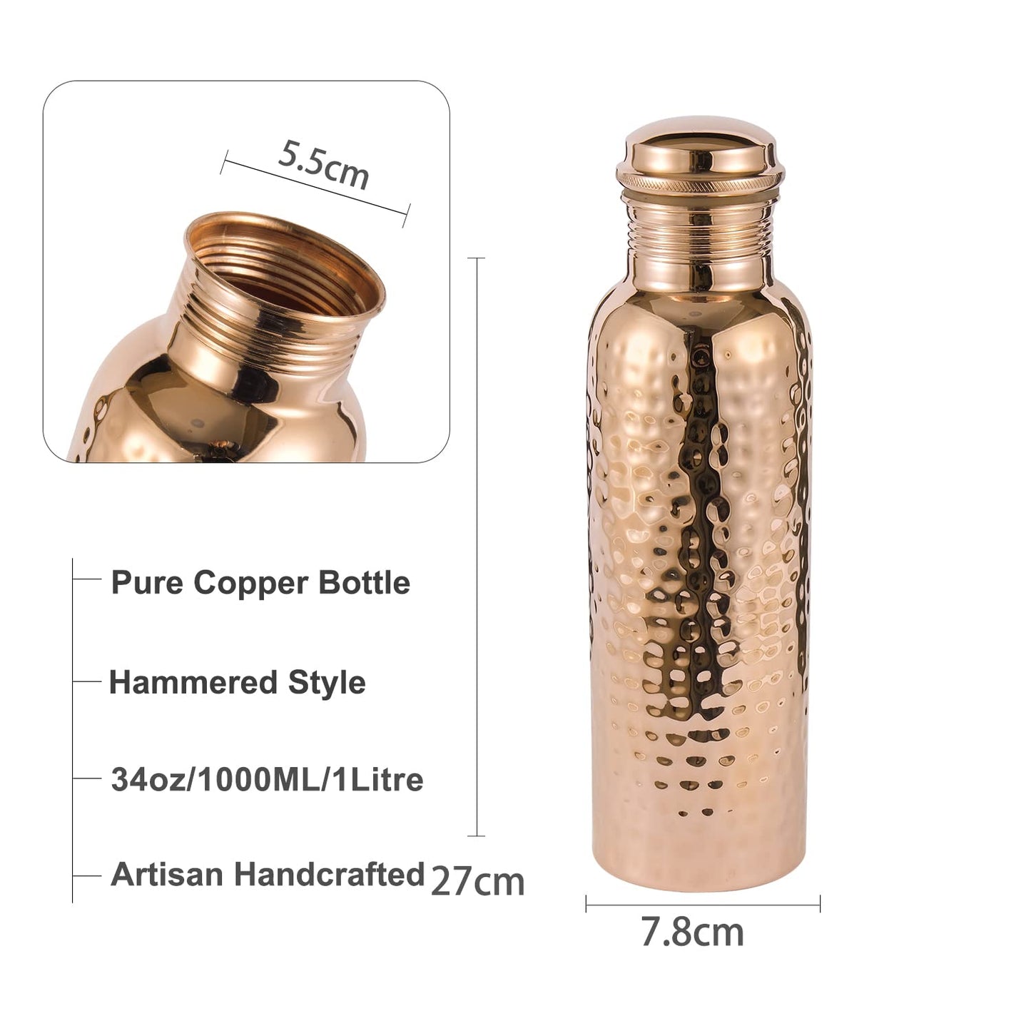 Pure Copper Water Bottle 34 Ounce with Jute Carry Bag – Hammered Leakproof Ayurvedic Copper Vessel for Drinking Water - Reusable Bottle for Home, Office, Gym, Travel & Gifting