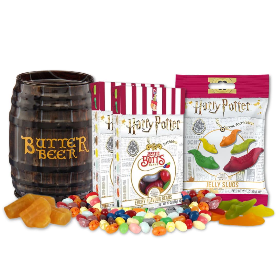 Jelly Belly Harry Potter's Favorites, Gift Pack of 4 (Butterbeer Barrel Tin, Bertie Bott's Every Flavor Jelly Beans, & Jelly Slugs Chewy Candy)