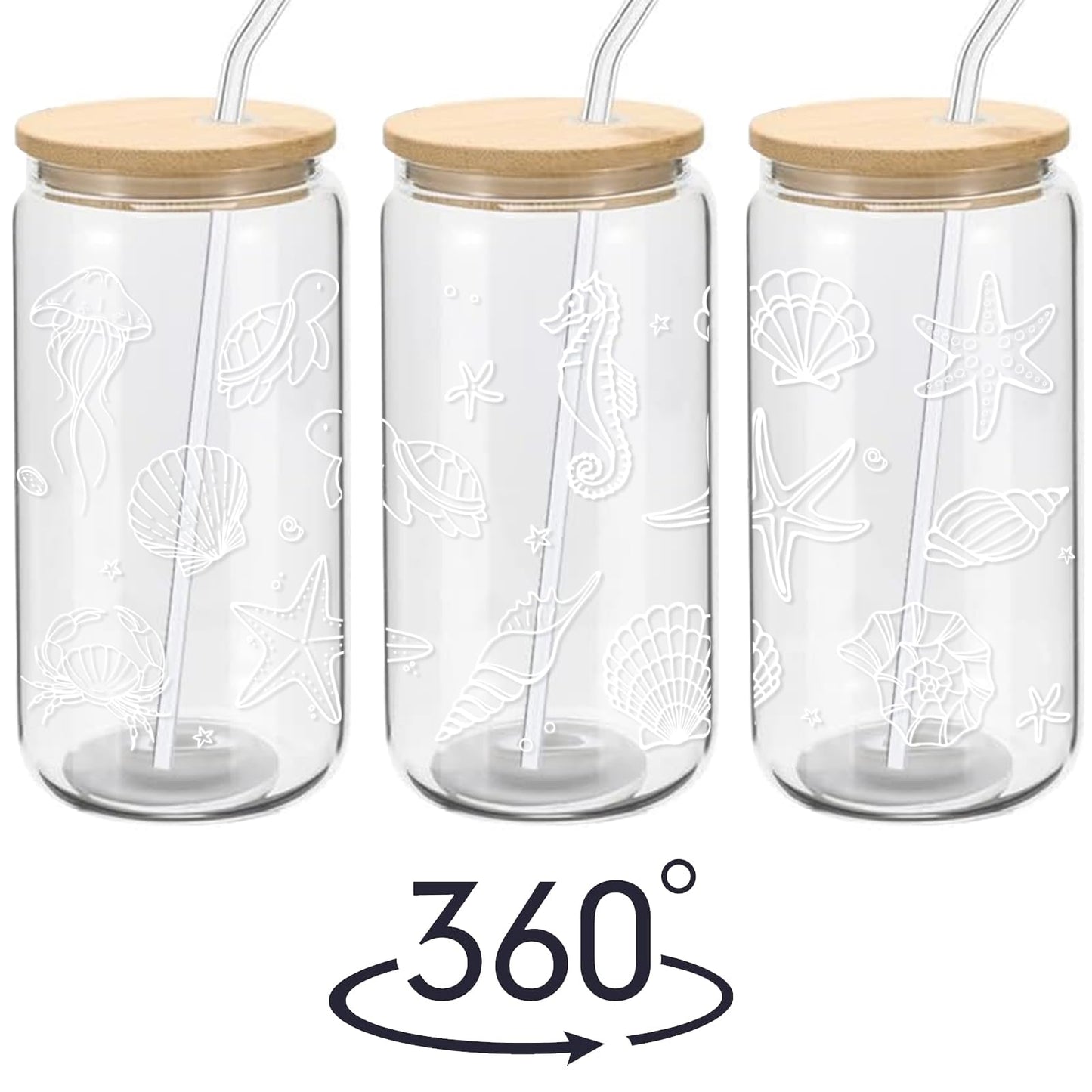 Mikopei Beach Gifts for Women - Ocean Animals Glass Cup with Lid and Straw, Cleaning Brush, Beach Room Decor, Coastal Decor for Home, Beachy Decorations, Iced Coffee Cup Tumbler, 16 oz