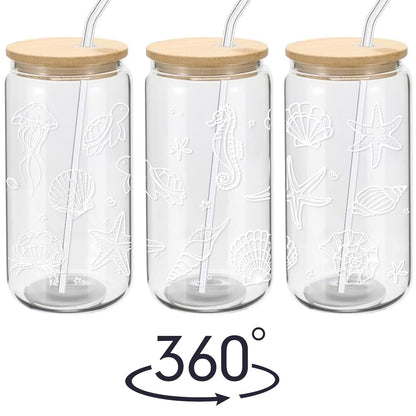Mikopei Beach Gifts for Women - Ocean Animals Glass Cup with Lid and Straw, Cleaning Brush, Beach Room Decor, Coastal Decor for Home, Beachy Decorations, Iced Coffee Cup Tumbler, 16 oz
