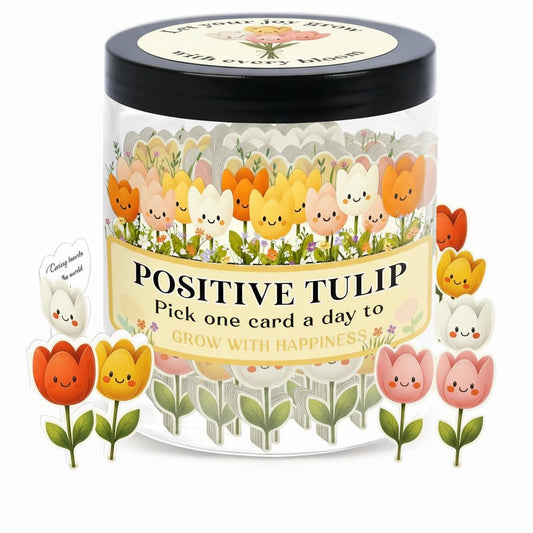 Positive Tulip Jar with 60 Affirmation Cards, Inspirational Gifts and Teacher Desk Decor, Tulips Flowers Themed Gift for Women, Stress Relief and Daily Positivity, Staff Appreciation Gifts