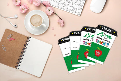 FLYAB Teacher Appreciation Gift Card - 4 Set Teacher Coffee Gift Card Holders with Envelopes Thank You Gifts Holders End of School Year Gifts for Teachers from Students Kids