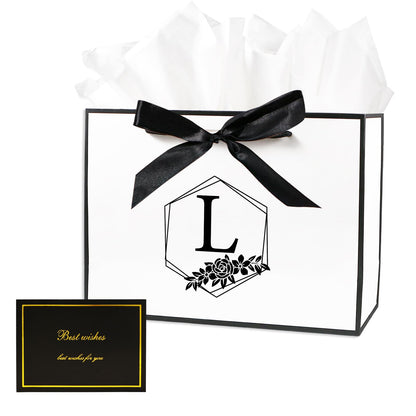 Personalized Initial Gift Bag, Large Alphabet Birthday Gift Bag with Tissue Paper and Bow Ribbon for Men Women, Initial Bow Bags for Gifts Wrapping, Bridal Party, Birthday Decorations (White, L)