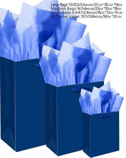 qiqee Navy Blue Gift Bags with Tissue Paper Mulit Assorted Sizes 10PCS Present Party Favor Birthday Bags(2pcs Large 13", 4pcs Medium 9", 4pcs Small 6" Bags)