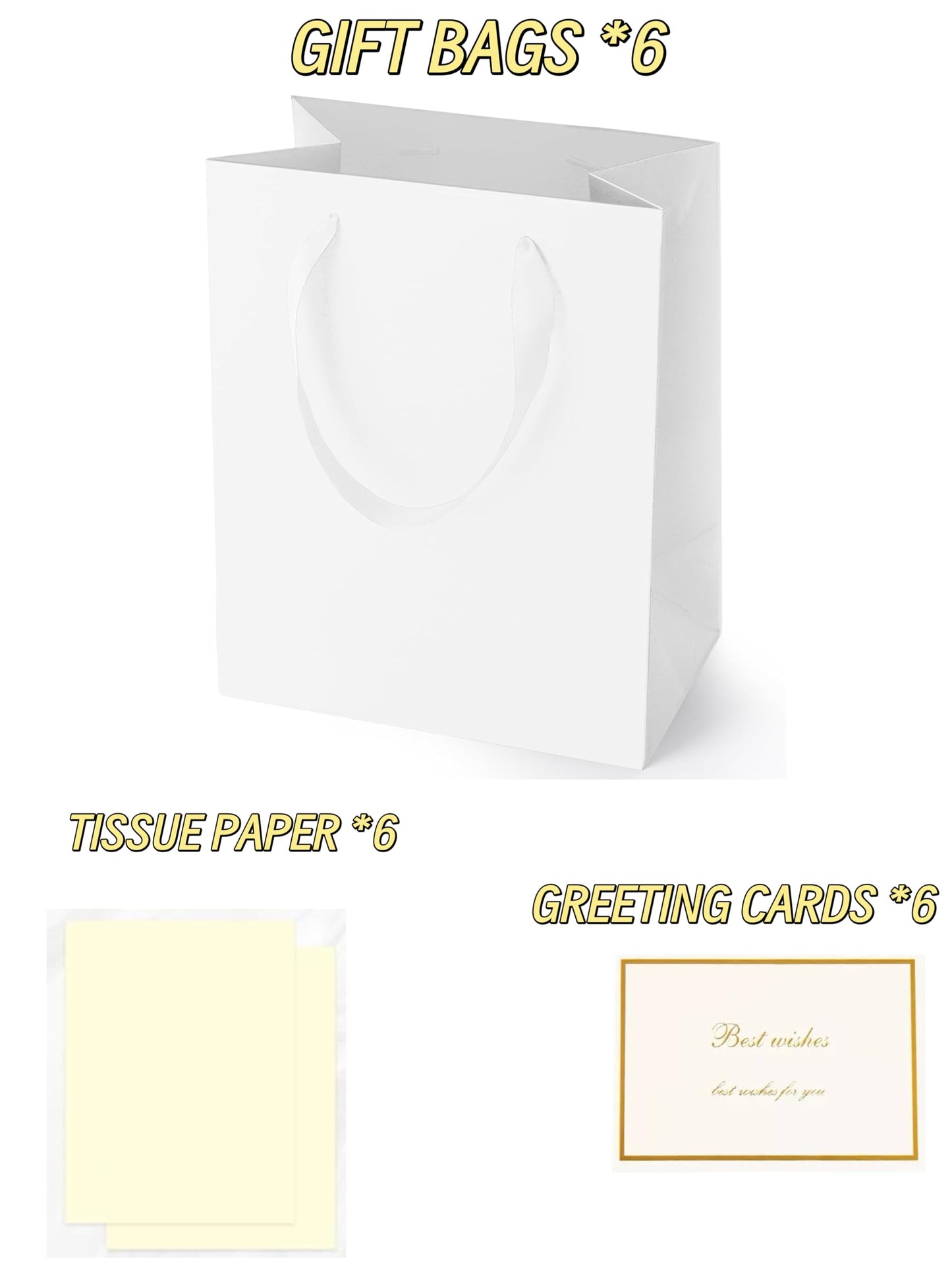 Treelement White 6 Pcs Gift Bags with Tissue Paper and Greeting Cards, 7×4×9 Inch Gift Bags with Handle for Wedding, Birthday, Party Favors, Baby Shower and Holiday Gifting.