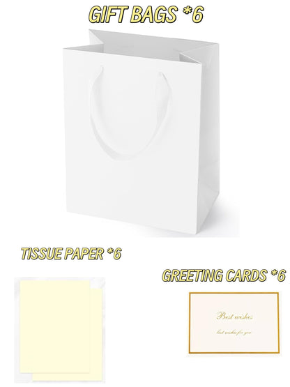 Treelement White 6 Pcs Gift Bags with Tissue Paper and Greeting Cards, 7×4×9 Inch Gift Bags with Handle for Wedding, Birthday, Party Favors, Baby Shower and Holiday Gifting.