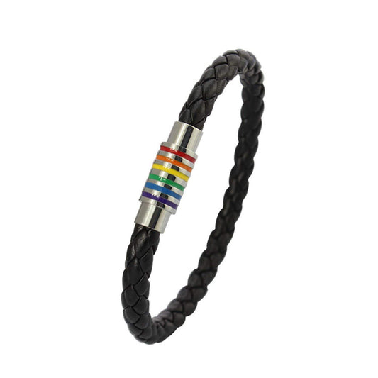 Nanafast Titanium Stainless Steel Rainbow LGBT Pride Bracelet Handmade Braided LGBTQ Pride Bracelets PU Leather Weave Plaited Wristband Jewelry