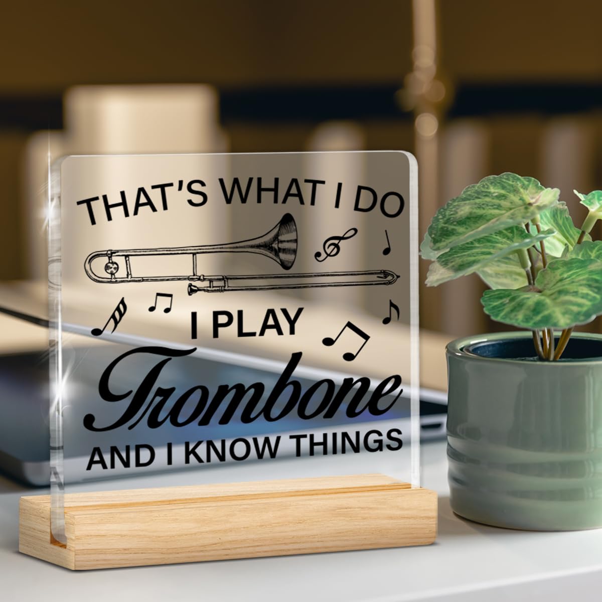 Trombone Gifts for Women Men, Music Gifts for Trombone Player Lovers Acrylic Sign Home Music Room Desk Decor