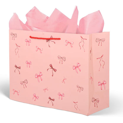 Pandecor 13" Large Birthday Pink Bow Paper Gift Bag with Card and Tissue Paper for Friends Birthday,Wedding Bridal Baby Shower Anniversaries