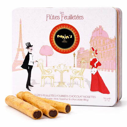 Maxim’s de Paris Chocolate Hazelnut Wafer Rolls – Crispy French Wafer Cookies with Hazelnut Chocolate Filling – Vintage Paris Gift Tin (90 g)