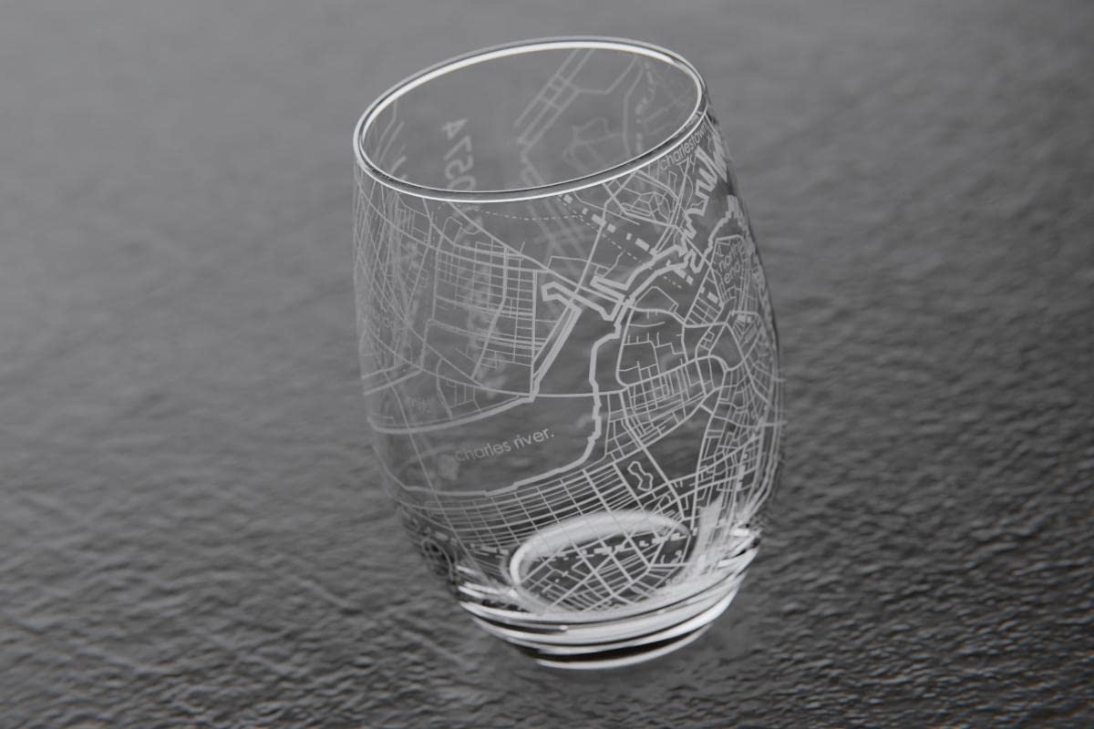 Well Told Engraved Boston Massachusetts Map Stemless Glass (15 oz, Clear) City Map Wine Glass, Custom Gift for Wine Lovers