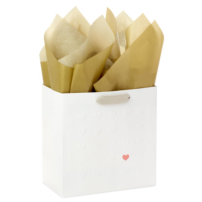 Hallmark Signature Studio 7" Medium Gift Bag with Tissue Paper (Embossed Hearts, White, Pink, Gold) for Valentine's Day, Birthdays, Mother's Day, Baby Showers, Bridal Showers