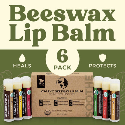 Earth's Daughter USDA Organic Lip Balm 6-Pack - Fruit Flavors, Beeswax, Coconut Oil, Vitamin E - Best Lip Repair Chapstick for Dry Cracked Lips - Moisturizing Lip Care