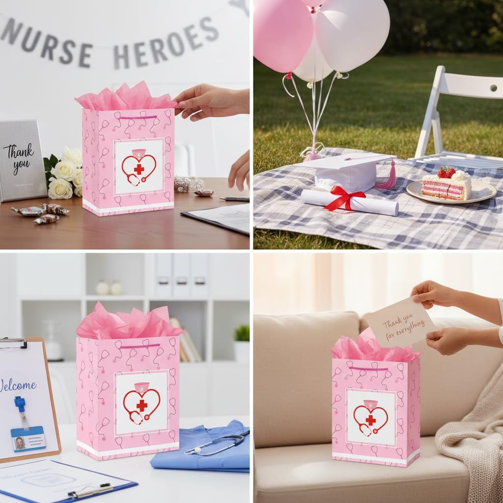 D4DREAM Nurse Graduation Gift Bag - 13" Large Pink Nurse Gift Bag with Tissue Paper for Women Doctor Nursing School Grads Medical School Graduates Perfect for Nurse Week Celebrations