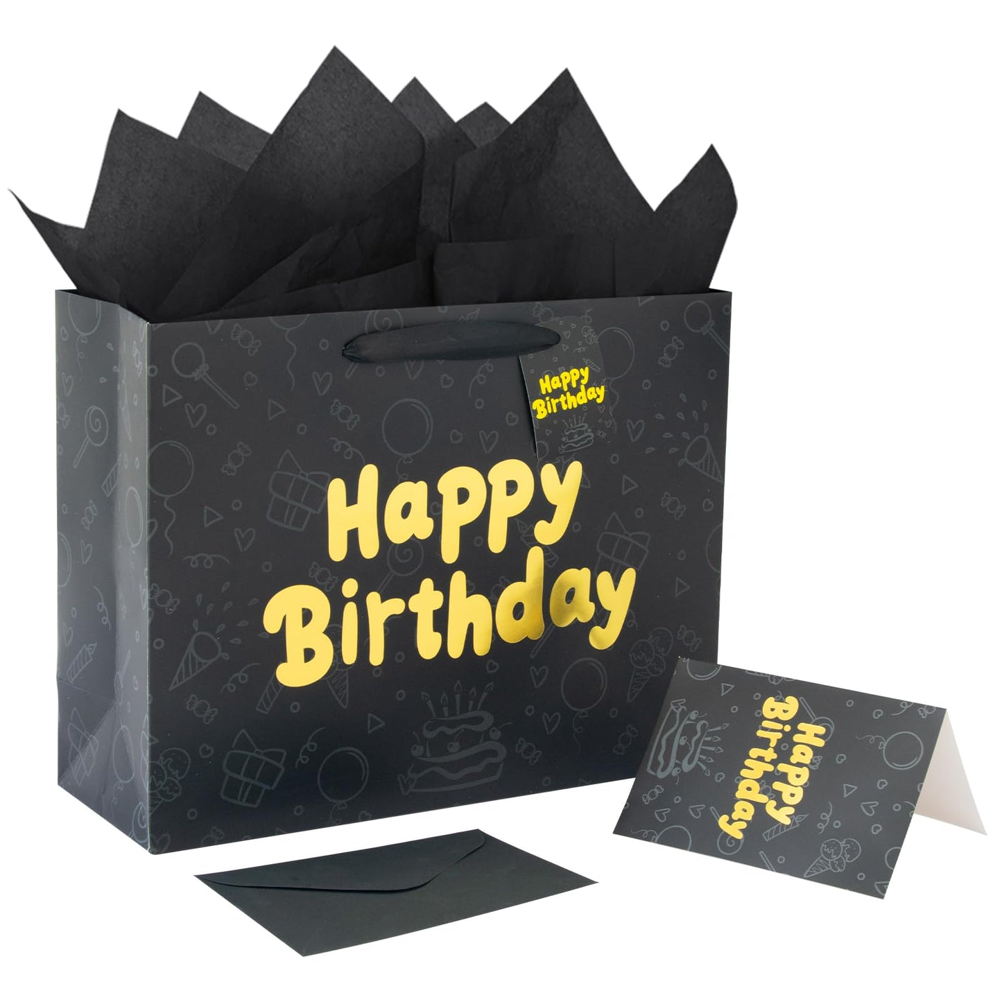 FOREVER 7 STAR Black Happy Birthday Gift Bag With Handles Tissue Papers and Greeting Card,13 Inch Medium Size for Birthday Perfect for Men,Dad,Boy