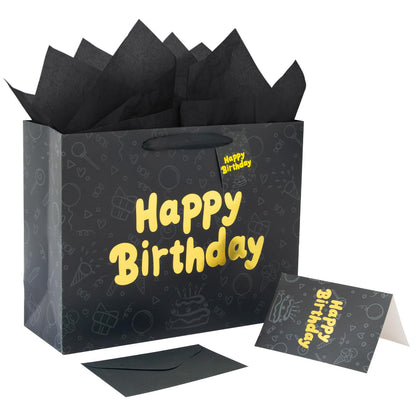 FOREVER 7 STAR Black Happy Birthday Gift Bag With Handles Tissue Papers and Greeting Card,13 Inch Medium Size for Birthday Perfect for Men,Dad,Boy