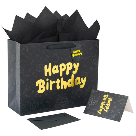 FOREVER 7 STAR Black Happy Birthday Gift Bag With Handles Tissue Papers and Greeting Card,13 Inch Medium Size for Birthday Perfect for Men,Dad,Boy