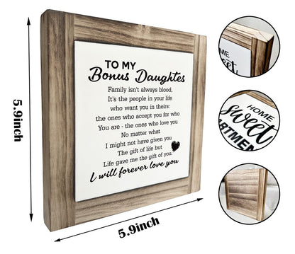 Bonus Daughter Wood Sign, Box Wood Plaques Desk Décor, Love Gift for Bonus Daughter, Graduation Gift for Step Daughter, Step Daughter Wedding Gift from Step Parents, Family Isn't Always Blood