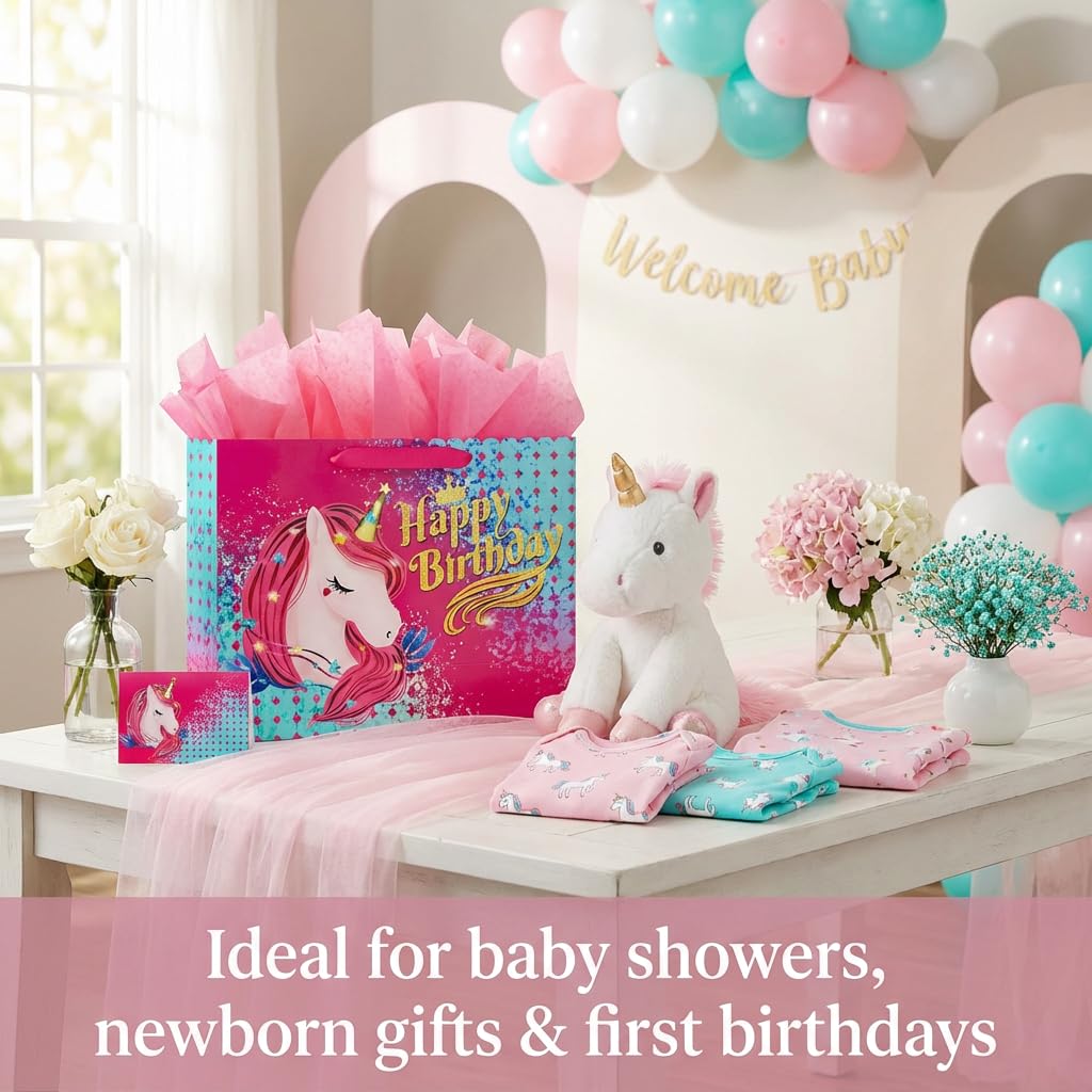 BeiLaad Unicorn Happy Birthday Gift Bag with Greeting Card and Tissue Paper, Birthday Gift Bags for Kids Girls Medium