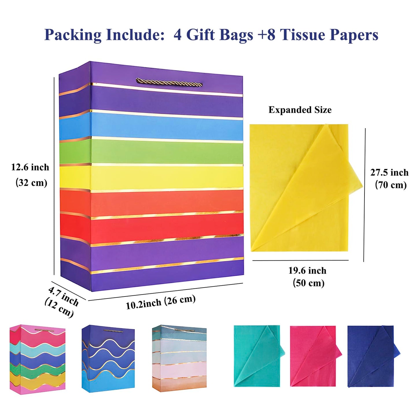 Cmecial 12.6" Paper Gift Bags with Tissue Paper, Extra Large Gift Bags with Handles, Birthday Rainbow Bag Large Size, Medium Birthday Bags Wrap Bag for Kids
