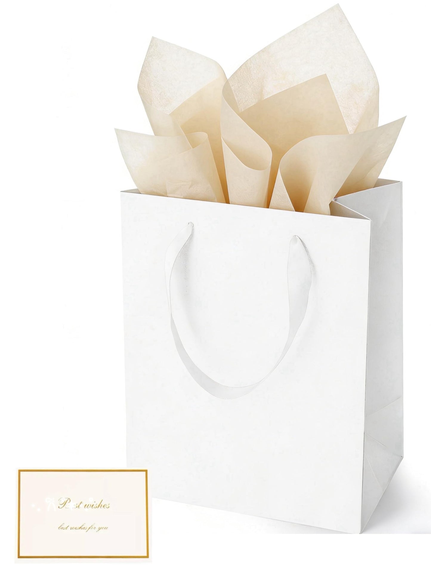 Treelement White 6 Pcs Gift Bags with Tissue Paper and Greeting Cards, 7×4×9 Inch Gift Bags with Handle for Wedding, Birthday, Party Favors, Baby Shower and Holiday Gifting.