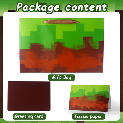 Jadsmpi 13" Large Pixel Gift Bags with Cards Tissue Paper,Green Wrapping Bag,Decoration Party for Boys Girls Kids Game Theme Birthday Gift Christmas Supplies