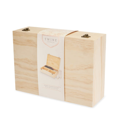Twine Champagne Bottle Gift Box, Wine Box with Lid and 2 Stemless Flutes, Packing Straw, Holds 1 Champagne Bottle, Wood