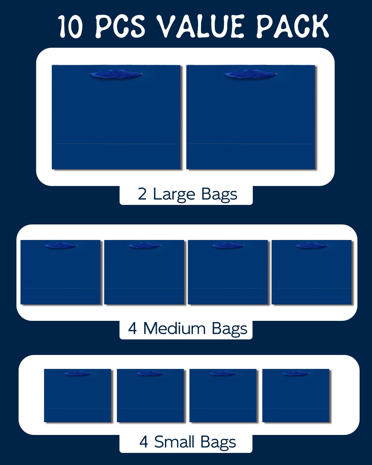 qiqee 10PCS Nordic Blue Gift Bags with Ribbon Handles Mulit Assorted Sizes Gift Wide Bags (2pcs Large 13", 4pcs Medium 9.6", 4pcs Small 6.3",Tissue Paper)